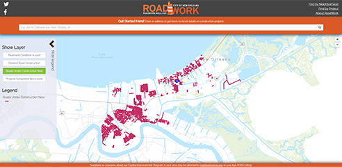 Screenshot of Roadwork map showing roads under construction now in New Orleans